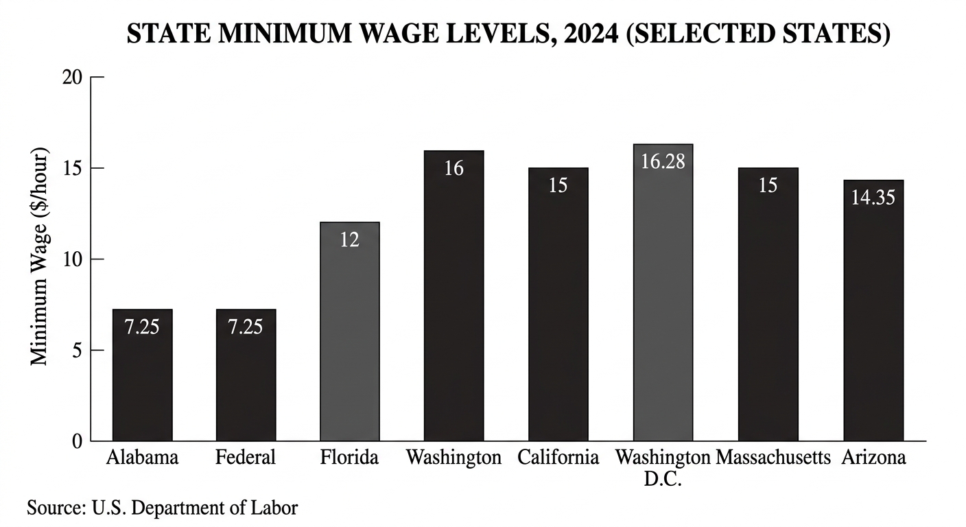 State Minimum Wage Levels, 2024 (Selected States)