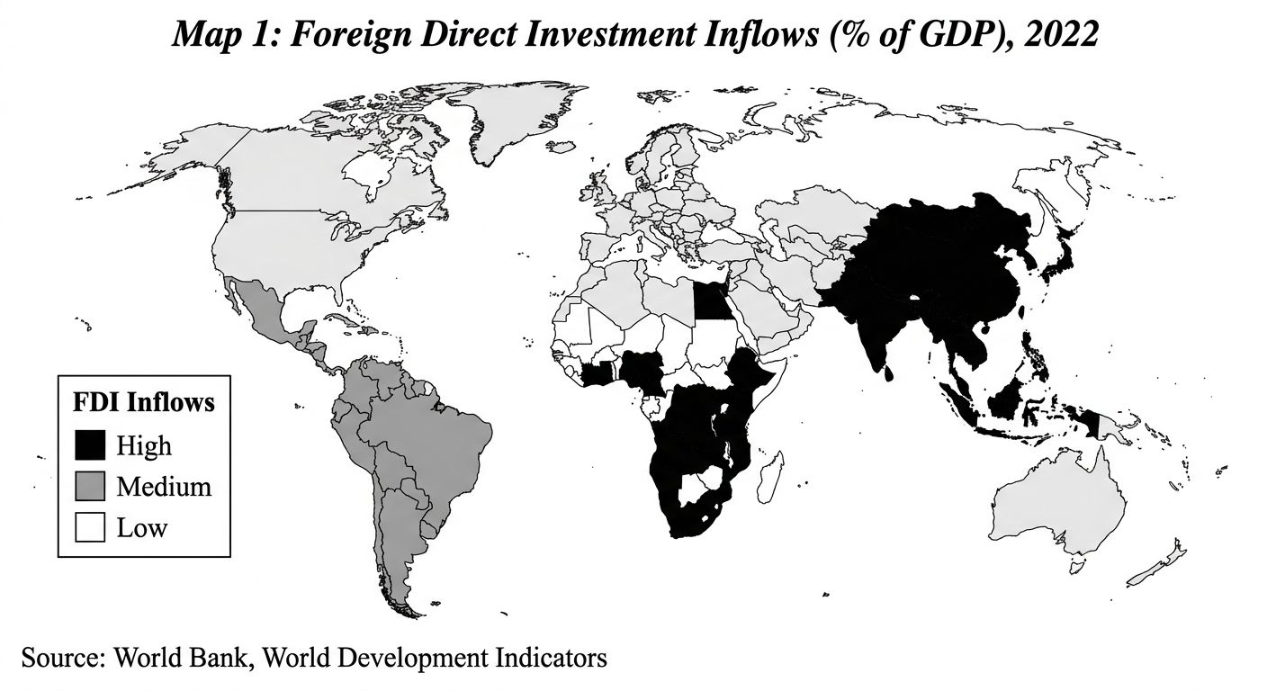 Map 1: Foreign Direct Investment Inflows (% of GDP), 2022