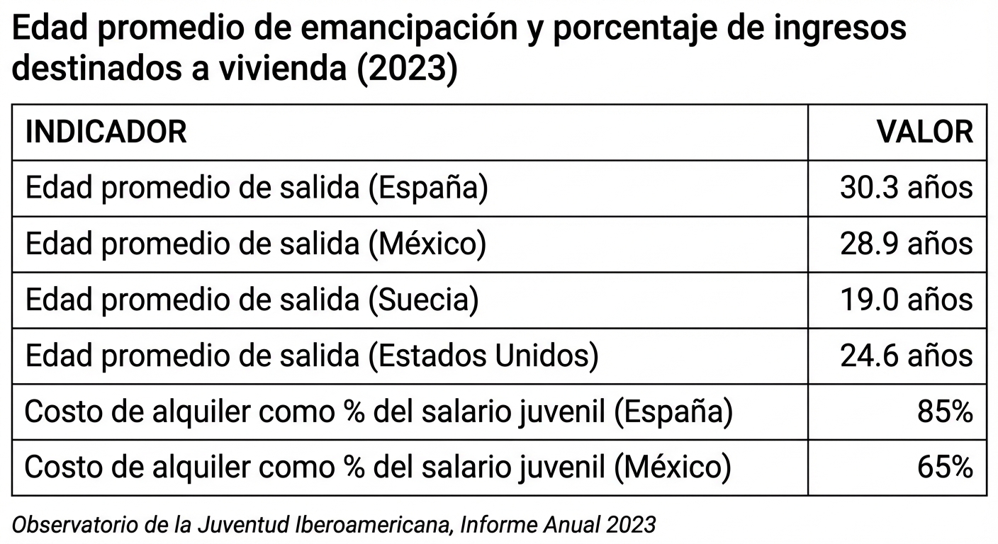 Edad promedio de emancipación y porcentaje de ingresos destinados a vivienda (2023)