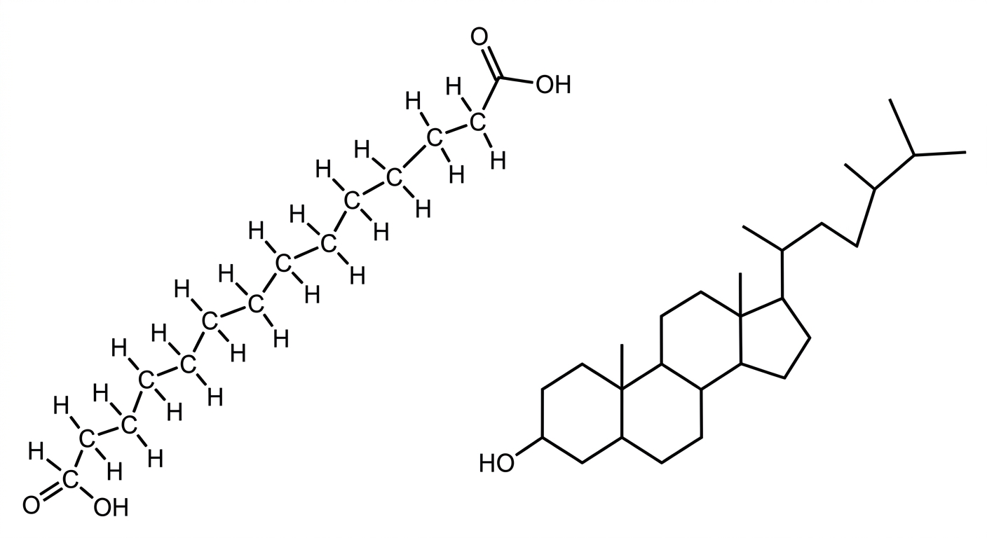 Chemical structures showing the linear chain of a saturated fatty acid compared to the four-ring structure of cholesterol.