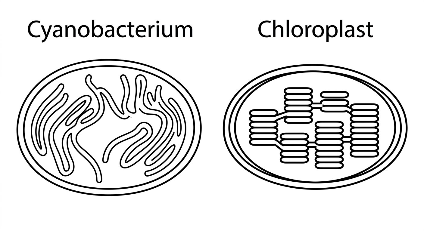 Schematic comparing free thylakoid membranes in a cyanobacterium to enclosed thylakoid membranes in a chloroplast.