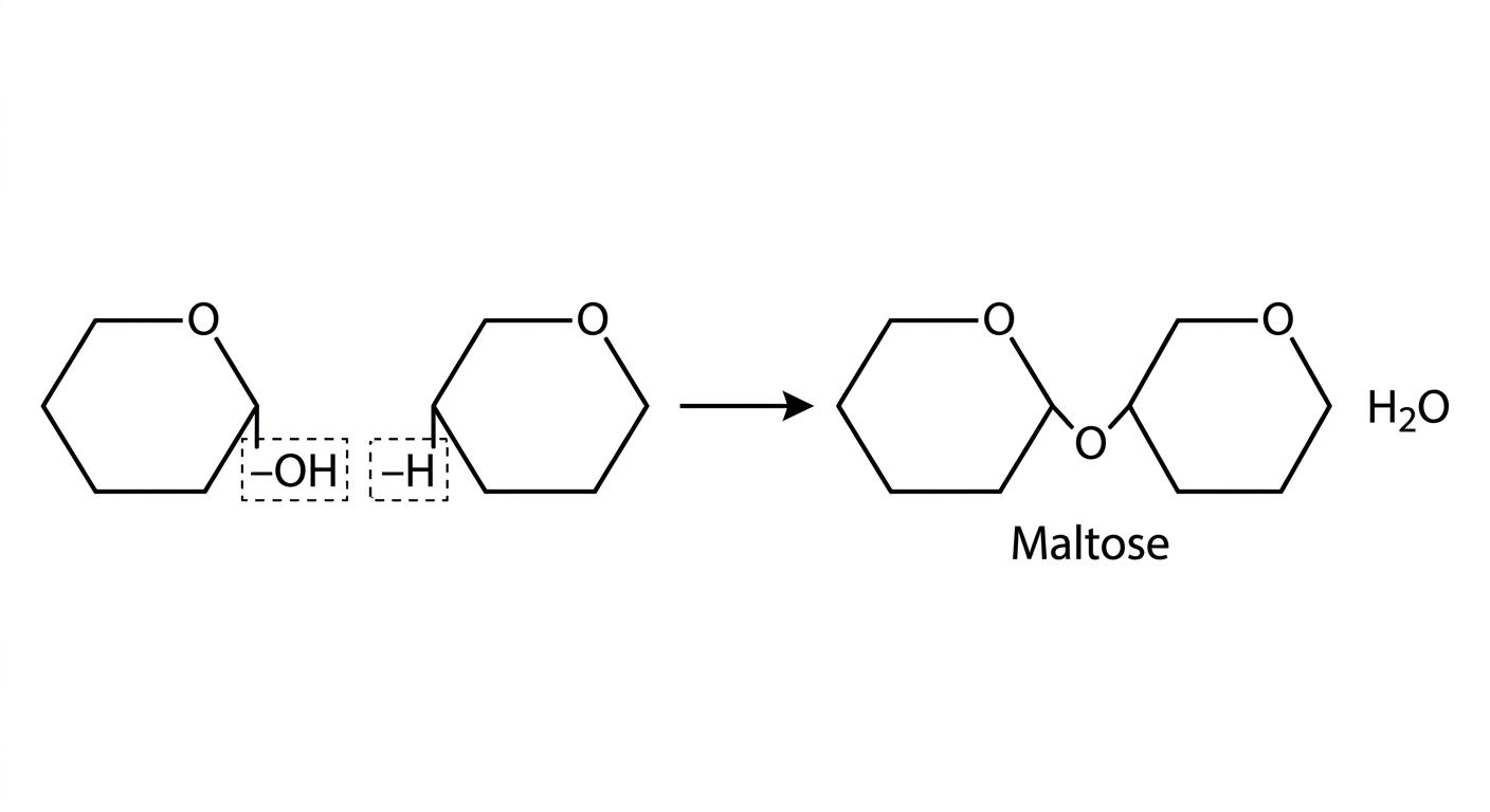 Diagram showing two glucose molecules combining to form maltose, with an OH and H being removed to form a byproduct of water.