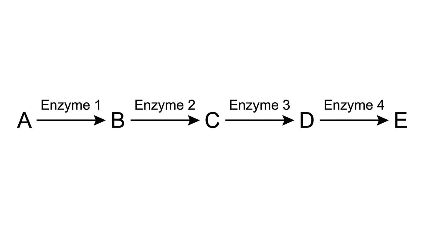A flowchart showing Substrate A converting to B, C, D, and finally Product E via four sequential enzymes.