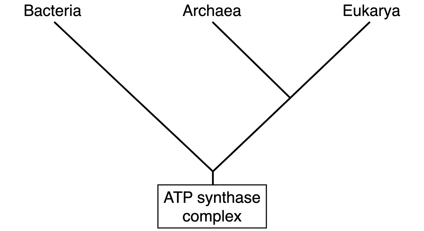 Cladogram showing ATP synthase at the root with solid lines extending to Bacteria, Archaea, and Eukarya.