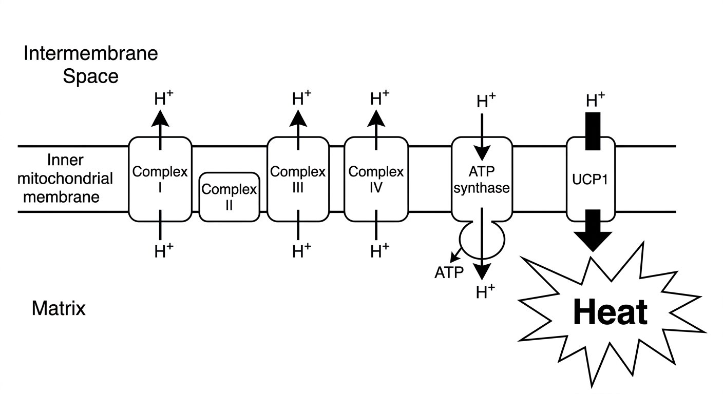 Diagram showing protons returning to the matrix through UCP1 to produce heat, bypassing ATP synthase