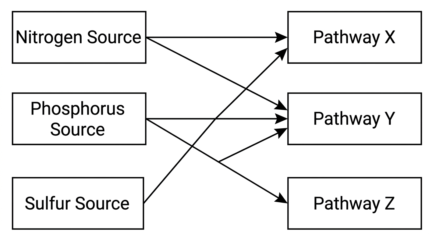Flowchart showing Nitrogen flowing to Pathways X and Y, Phosphorus flowing to Pathways Y and Z, and Sulfur flowing to Pathway X.