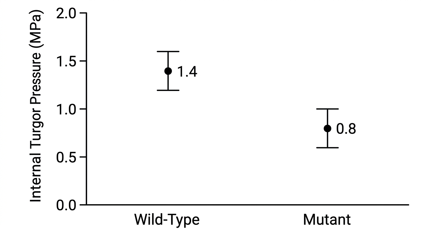 Point plot showing wild-type archaea with higher internal turgor pressure than the mutant strain, with non-overlapping 95% confidence intervals.