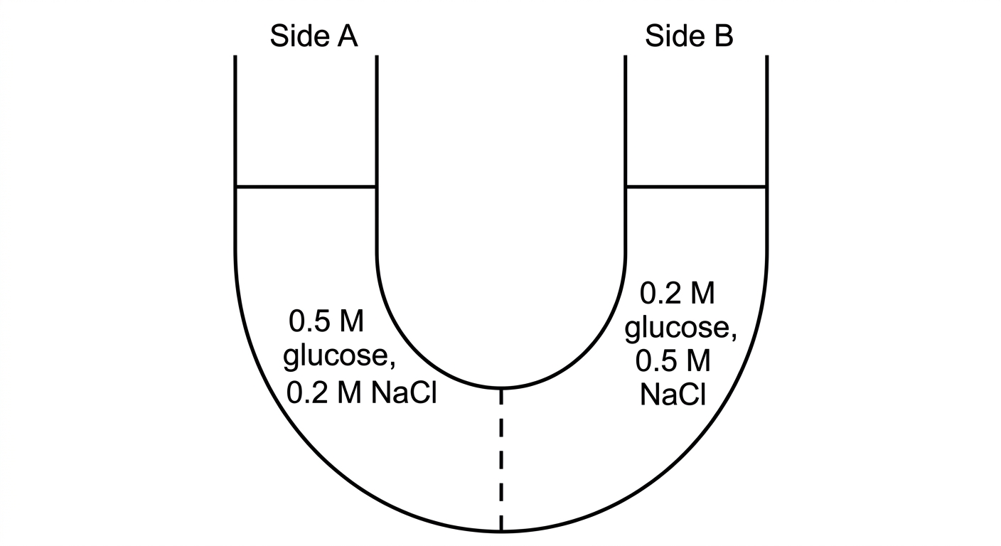 U-tube diagram showing Side A with high glucose and low NaCl, and Side B with low glucose and high NaCl, separated by a membrane.