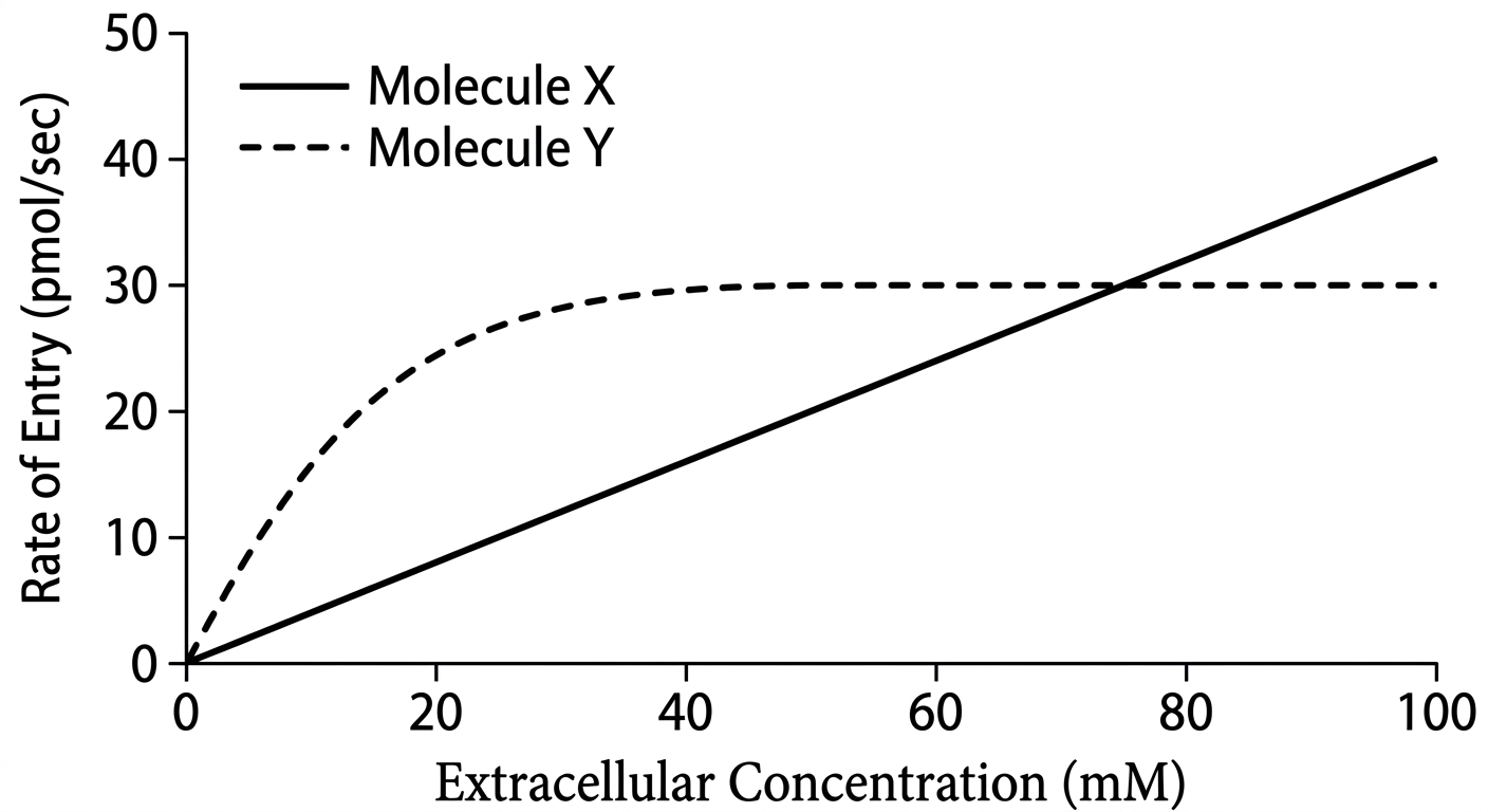 Line graph showing Molecule X's entry rate increasing linearly with concentration, while Molecule Y's rate increases initially then plateaus.