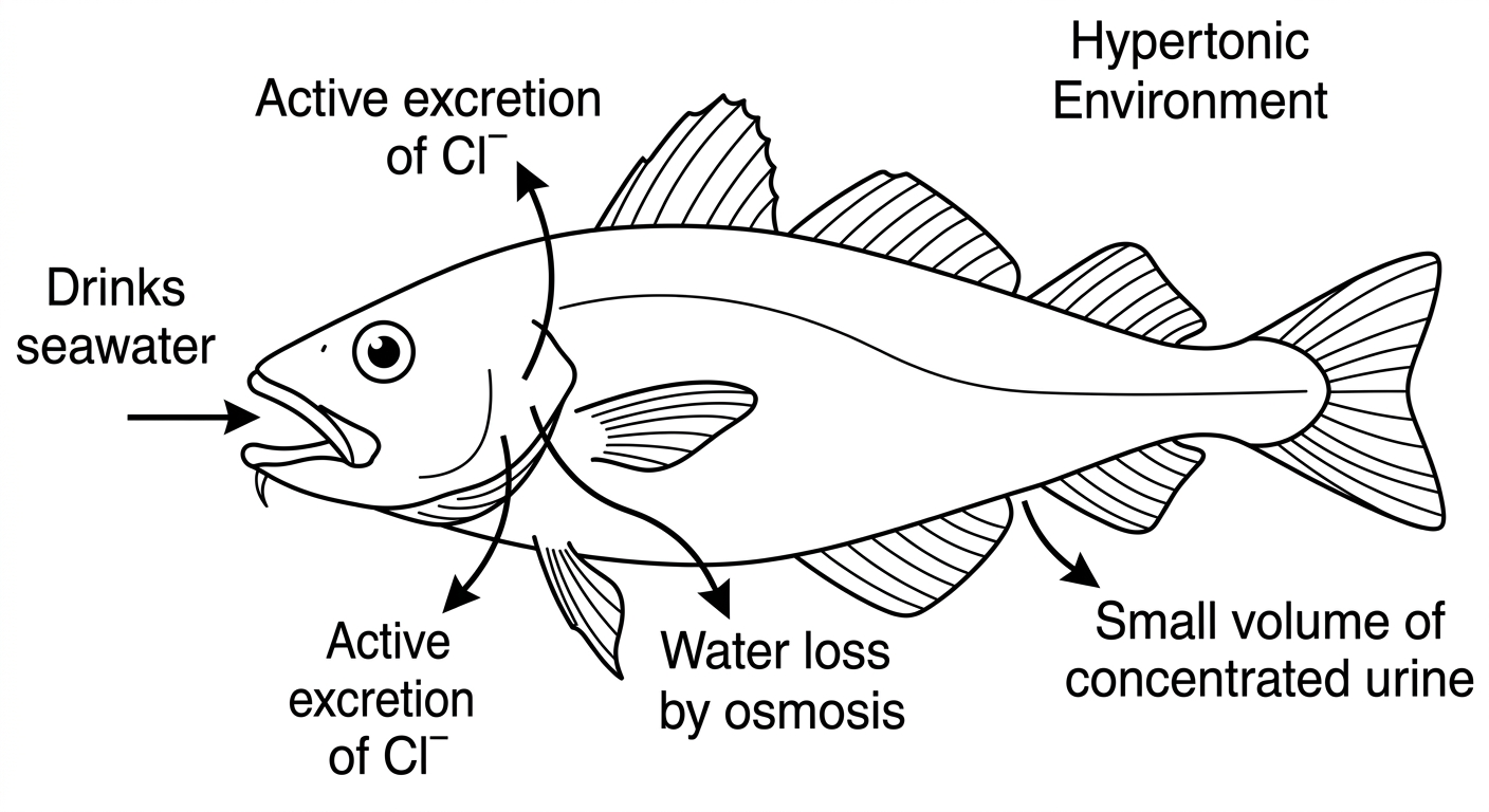 Diagram of a marine fish showing water loss through gills, drinking of seawater, active excretion of chloride ions from gills, and production of concentrated urine.