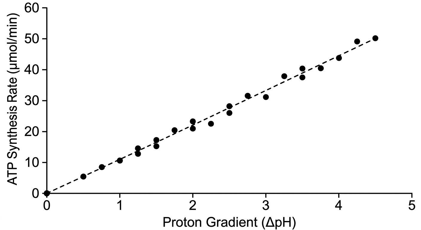 Scatter plot showing a positive linear relationship between the proton gradient magnitude and the rate of ATP synthesis.