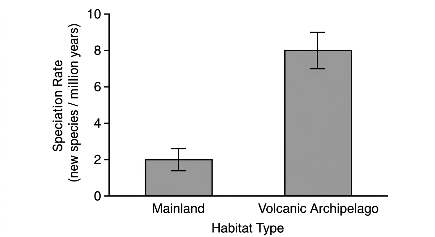 Bar chart showing a significantly higher speciation rate in volcanic archipelagos compared to mainland habitats.