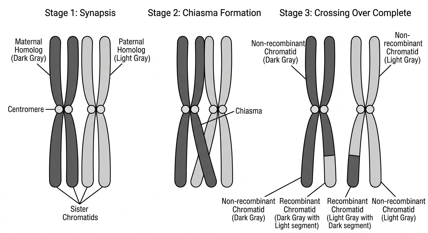 Diagram showing homologous chromosomes pairing, overlapping, and exchanging segments to form recombinant chromatids