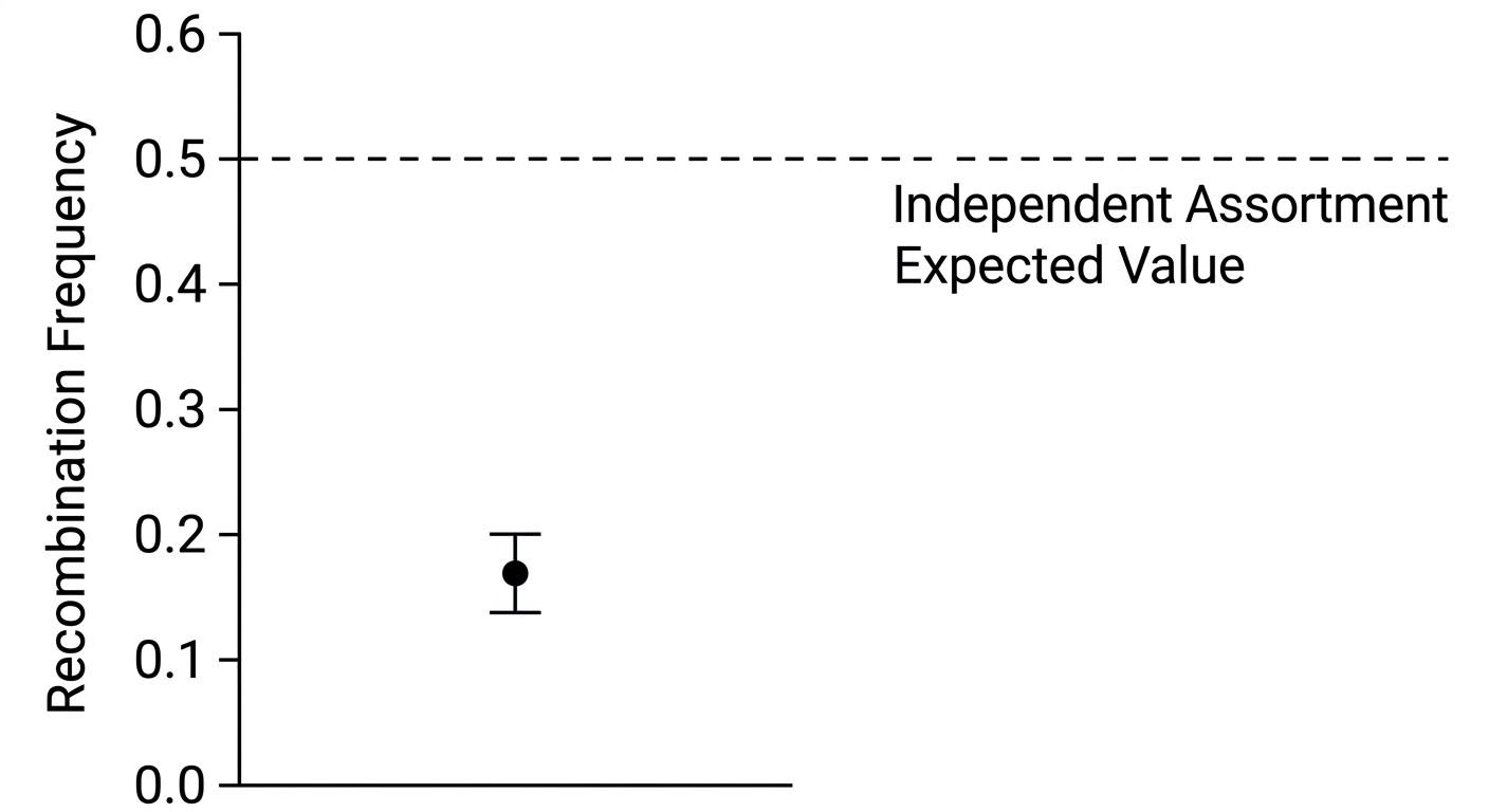 Graph showing a recombination frequency of 0.17 with a 95% confidence interval from 0.14 to 0.20, well below the expected 0.50 line.