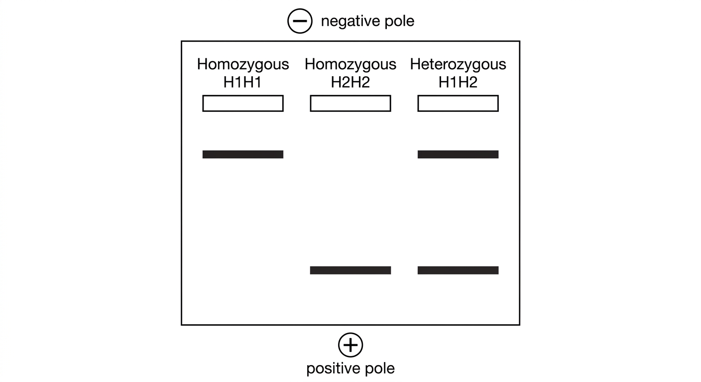 Gel electrophoresis showing Lane 1 with a high band, Lane 2 with a low band, and Lane 3 with both the high and low bands.