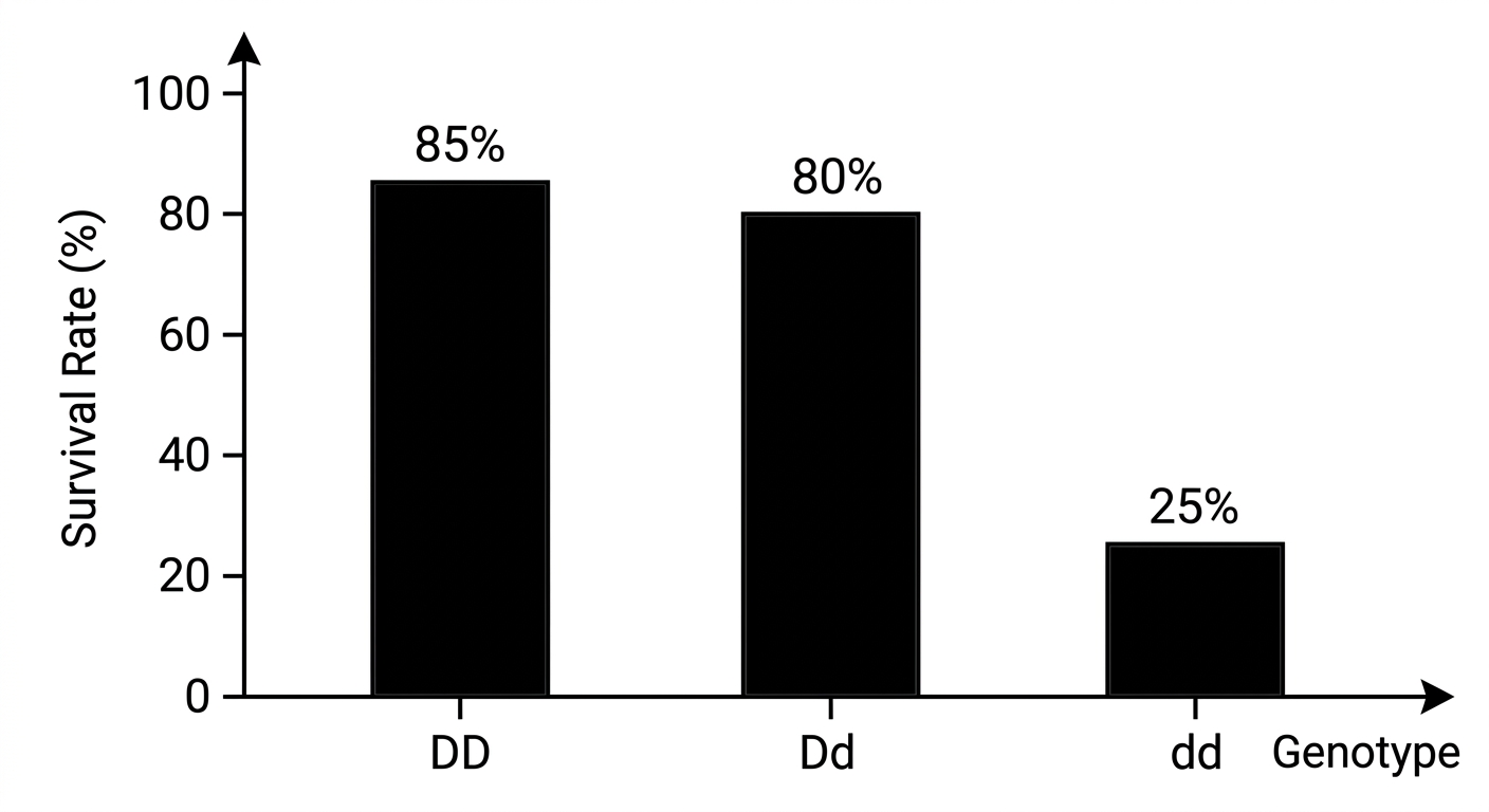 Bar chart showing survival rates of 85% for DD, 80% for Dd, and 25% for dd genotypes.