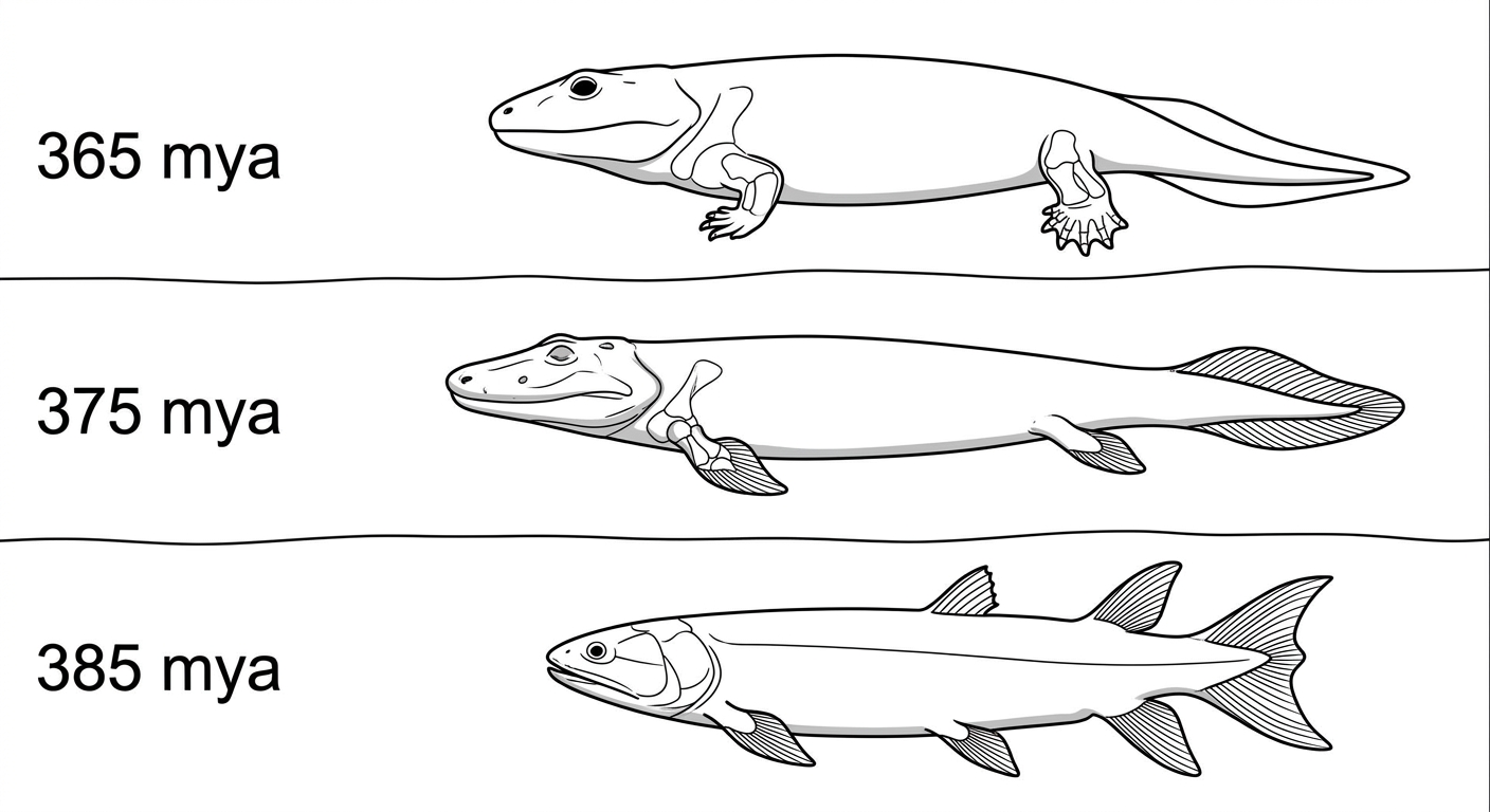 Diagram of three rock layers showing fish fossils in the oldest bottom layer, transitional fossils in the middle layer, and amphibian fossils in the youngest top layer.
