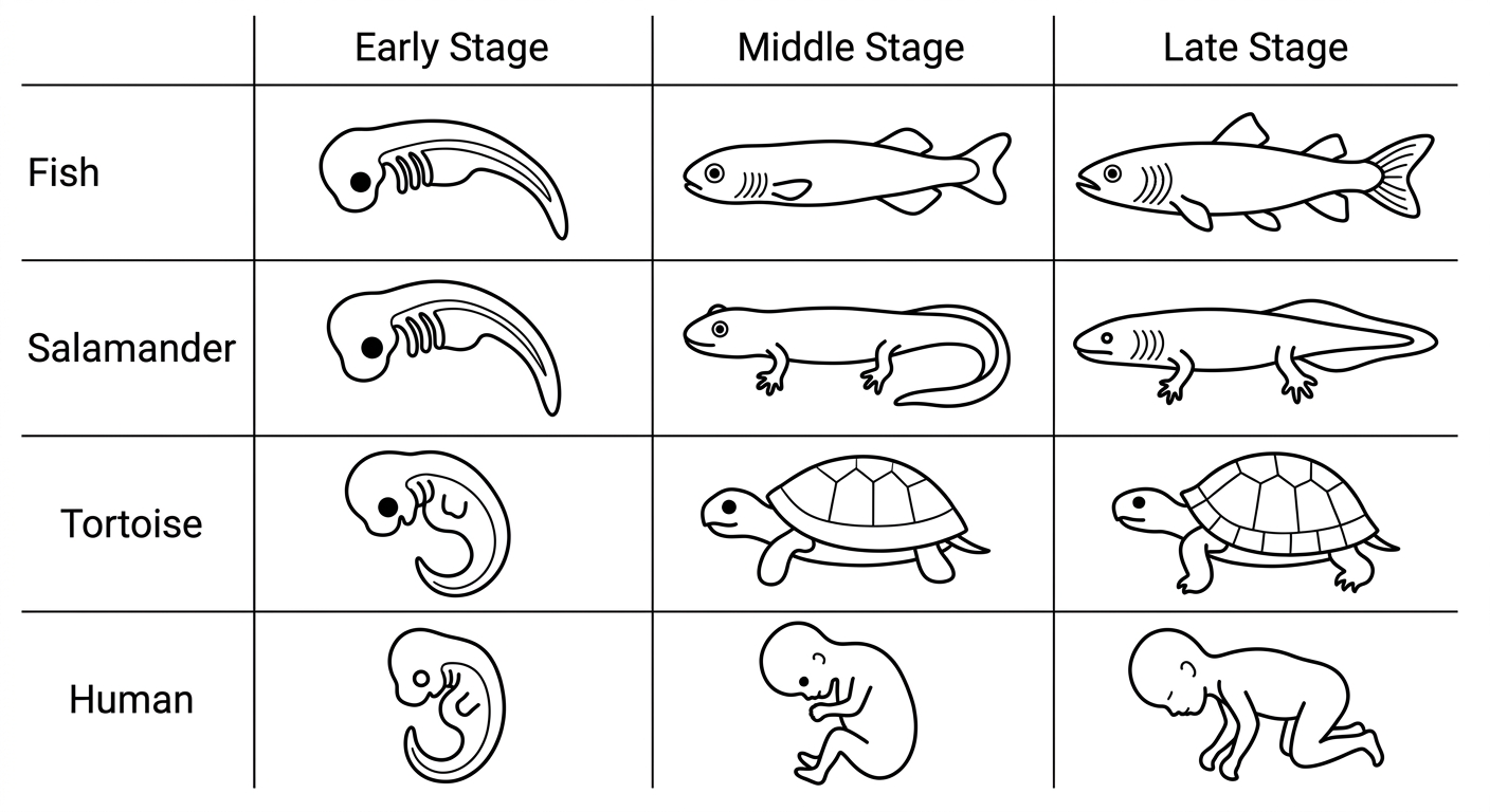 Diagram showing embryonic development stages of four vertebrates with shared early features