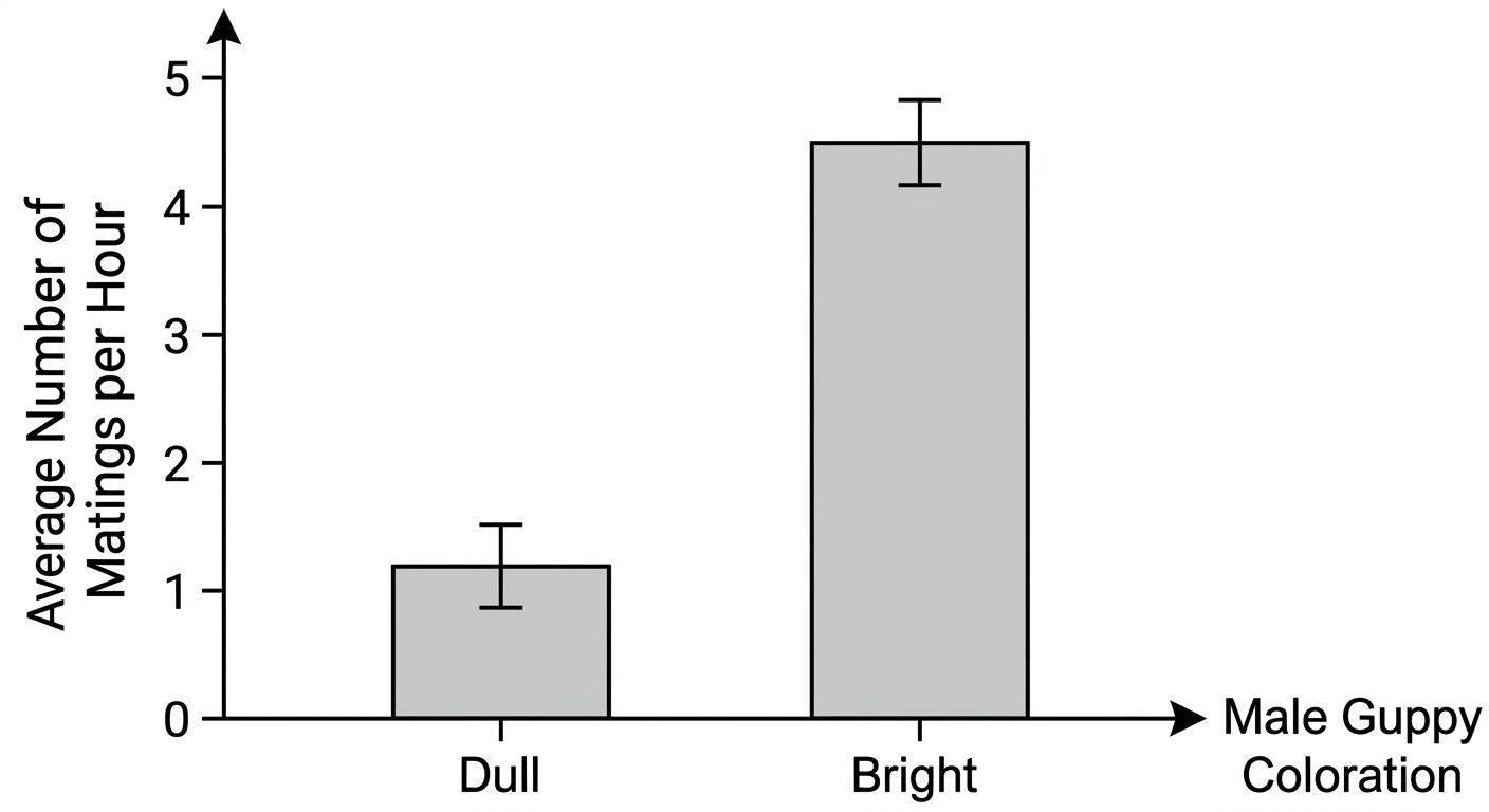Bar chart showing bright male guppies have significantly more matings per hour than dull males in a predator-free environment.