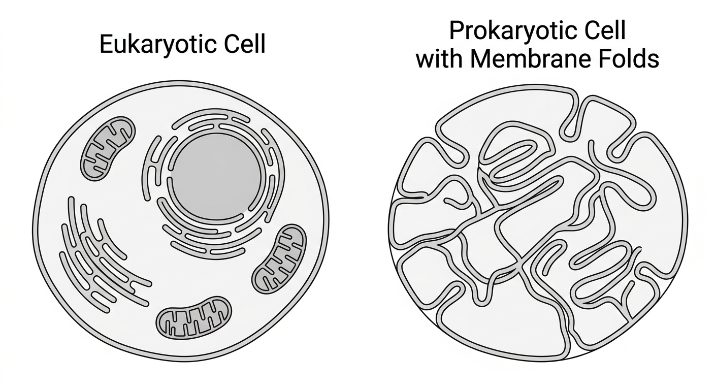 Diagram comparing separate eukaryotic organelles with continuous prokaryotic membrane invaginations