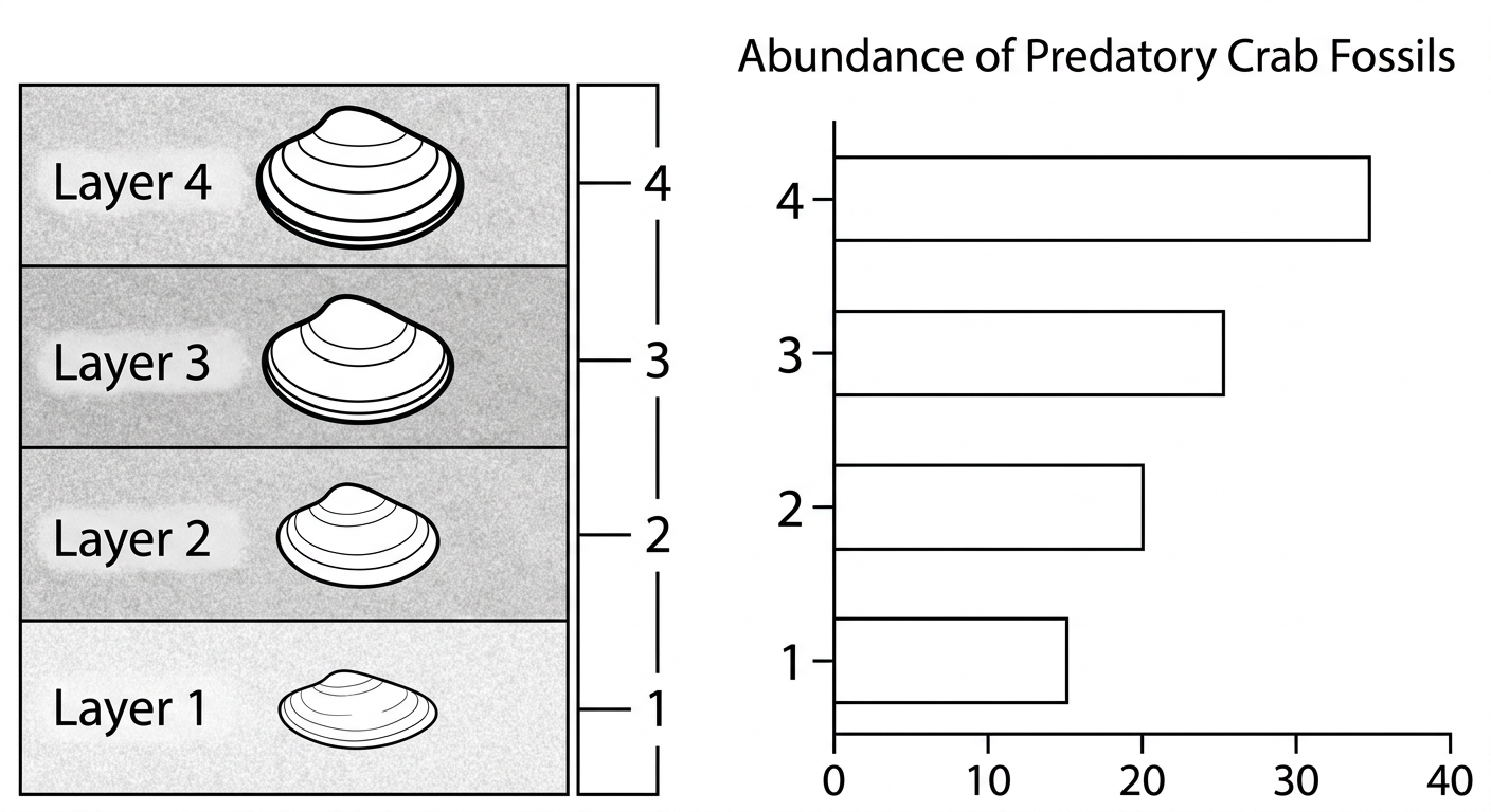 Stratigraphic model showing bivalve shell thickness and predatory crab abundance increasing together from the oldest bottom layer to the youngest top layer.
