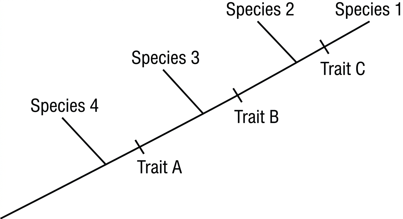 A cladogram showing Species 1 and 2 as sister taxa, with Species 3 as their closest relative, and Species 4 as the outgroup.