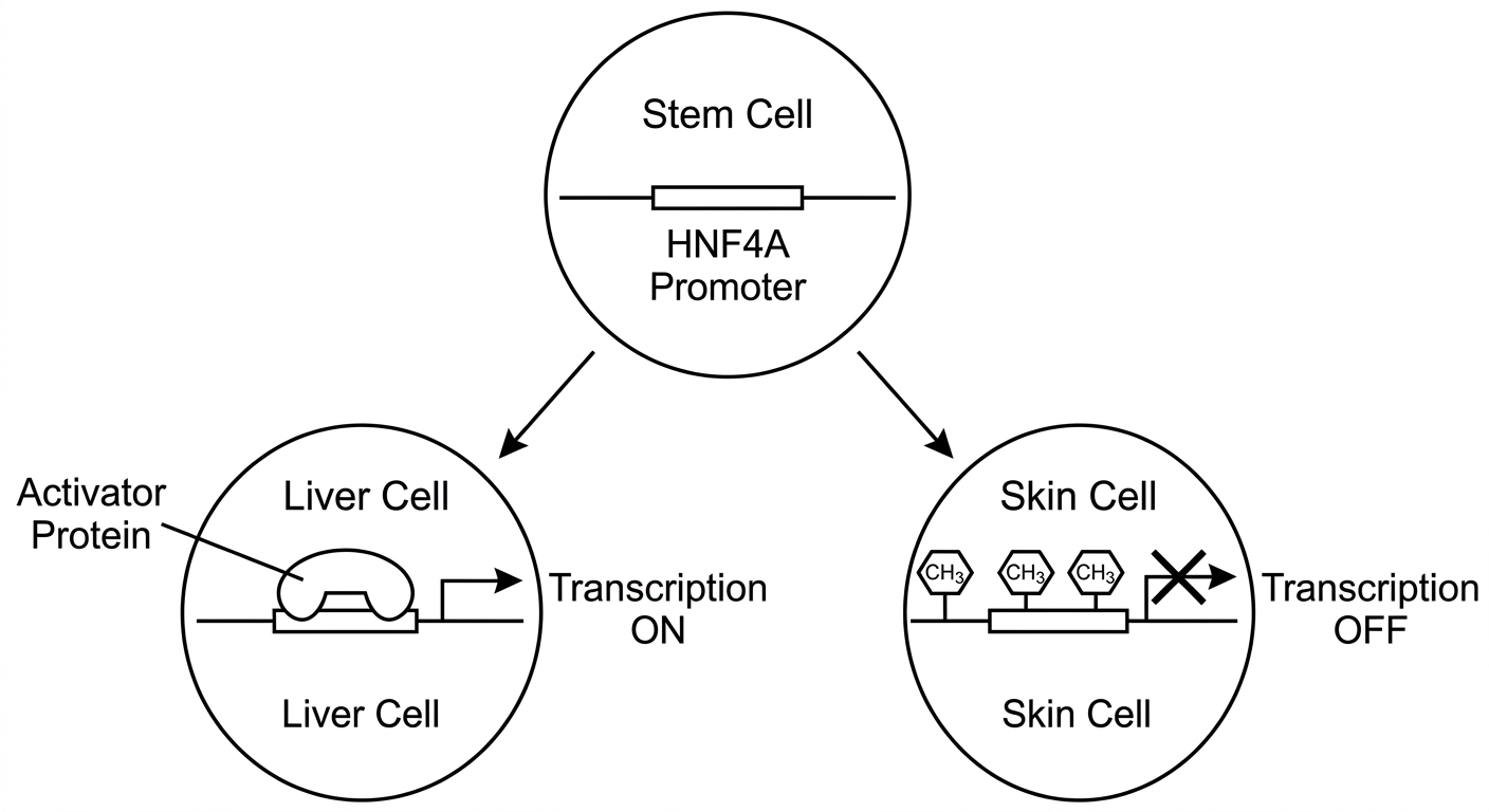 Diagram showing a stem cell differentiating into a liver cell with an active, unmethylated promoter, and a skin cell with a methylated, inactive promoter.