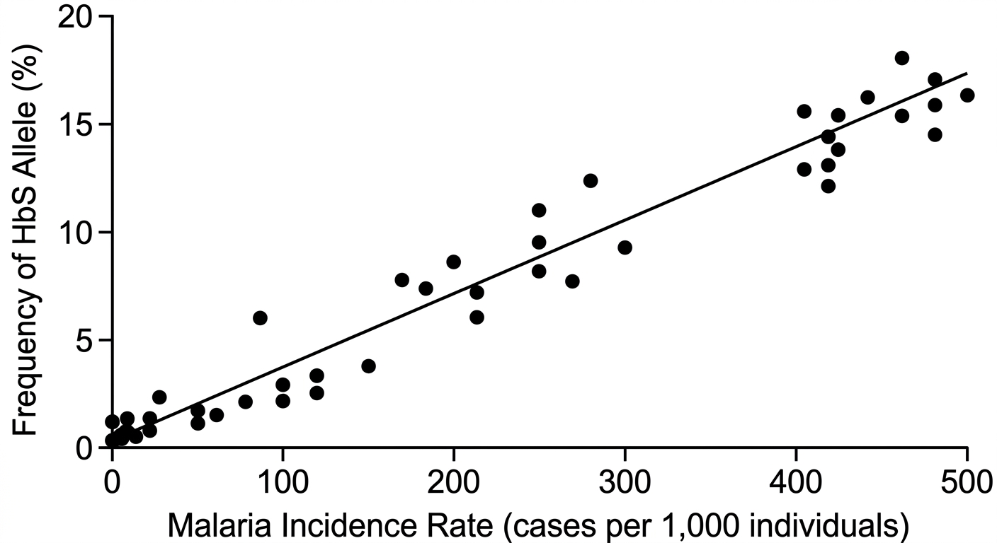 Scatter plot showing a strong positive correlation between the incidence rate of malaria in a population and the frequency of the sickle cell allele.