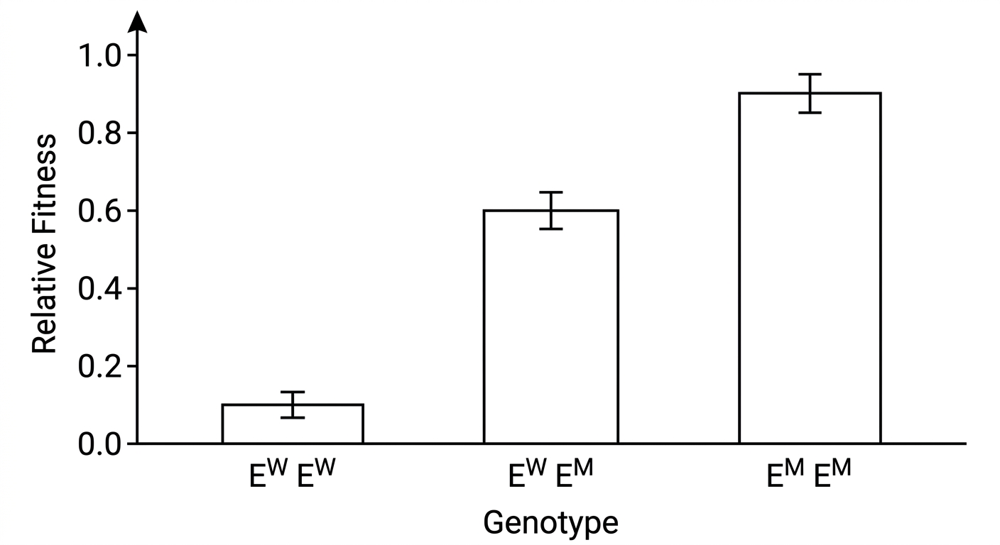 Bar chart showing relative fitness is lowest for homozygous wild-type, intermediate for heterozygotes, and highest for homozygous mutants