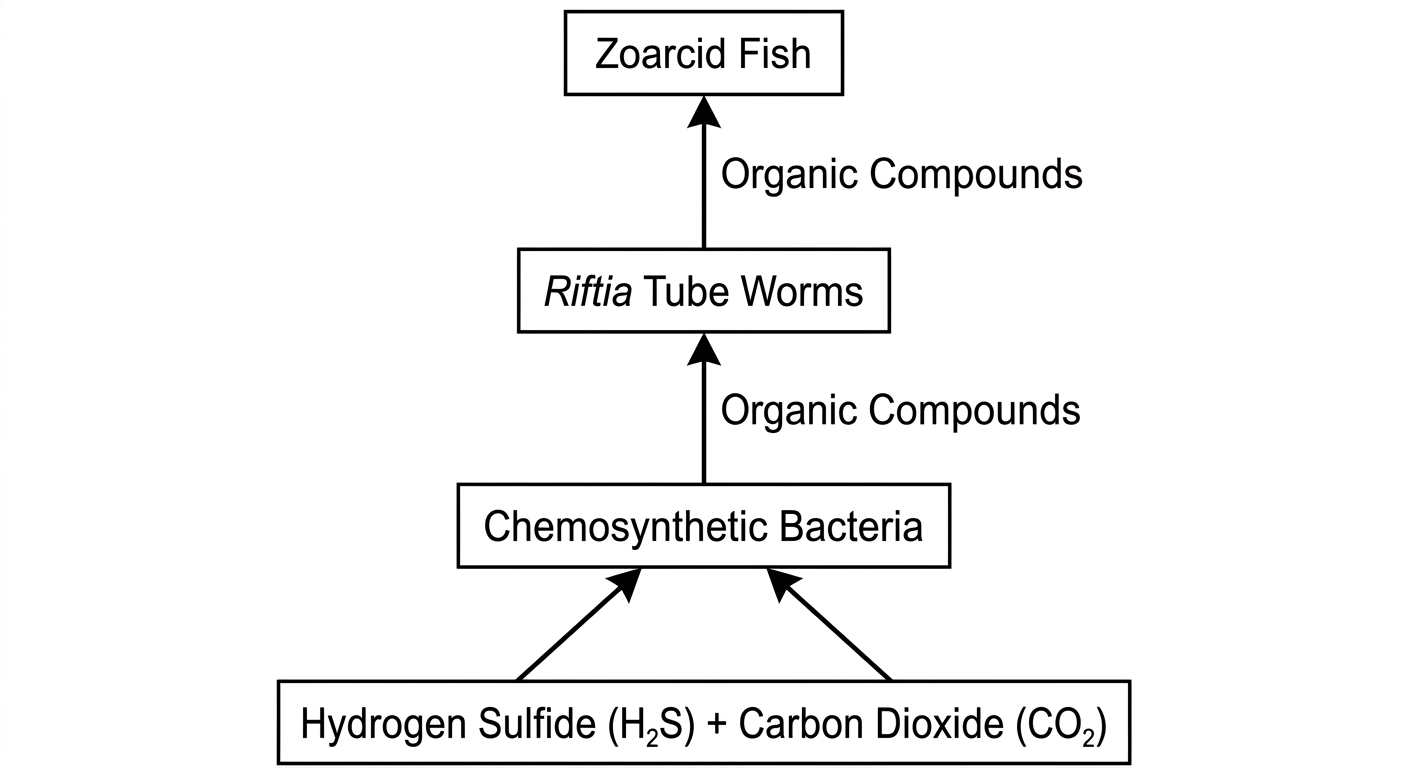 Diagram showing H2S and CO2 entering bacteria, which then provide organic compounds to tube worms and fish.