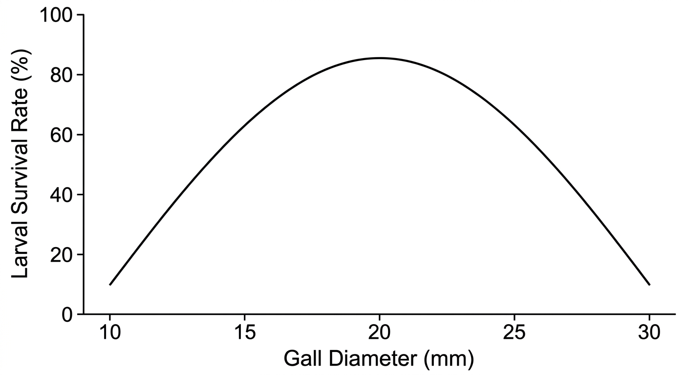 Bell-shaped curve showing larval survival rate peaking at 85% for medium 20 mm galls and dropping to 10% for both 10 mm and 30 mm galls.