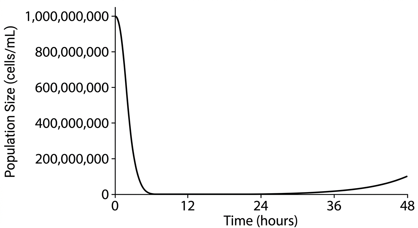 Line graph on a linear scale showing population dropping to apparent zero and staying flat before rising slightly, obscuring the surviving bacteria.