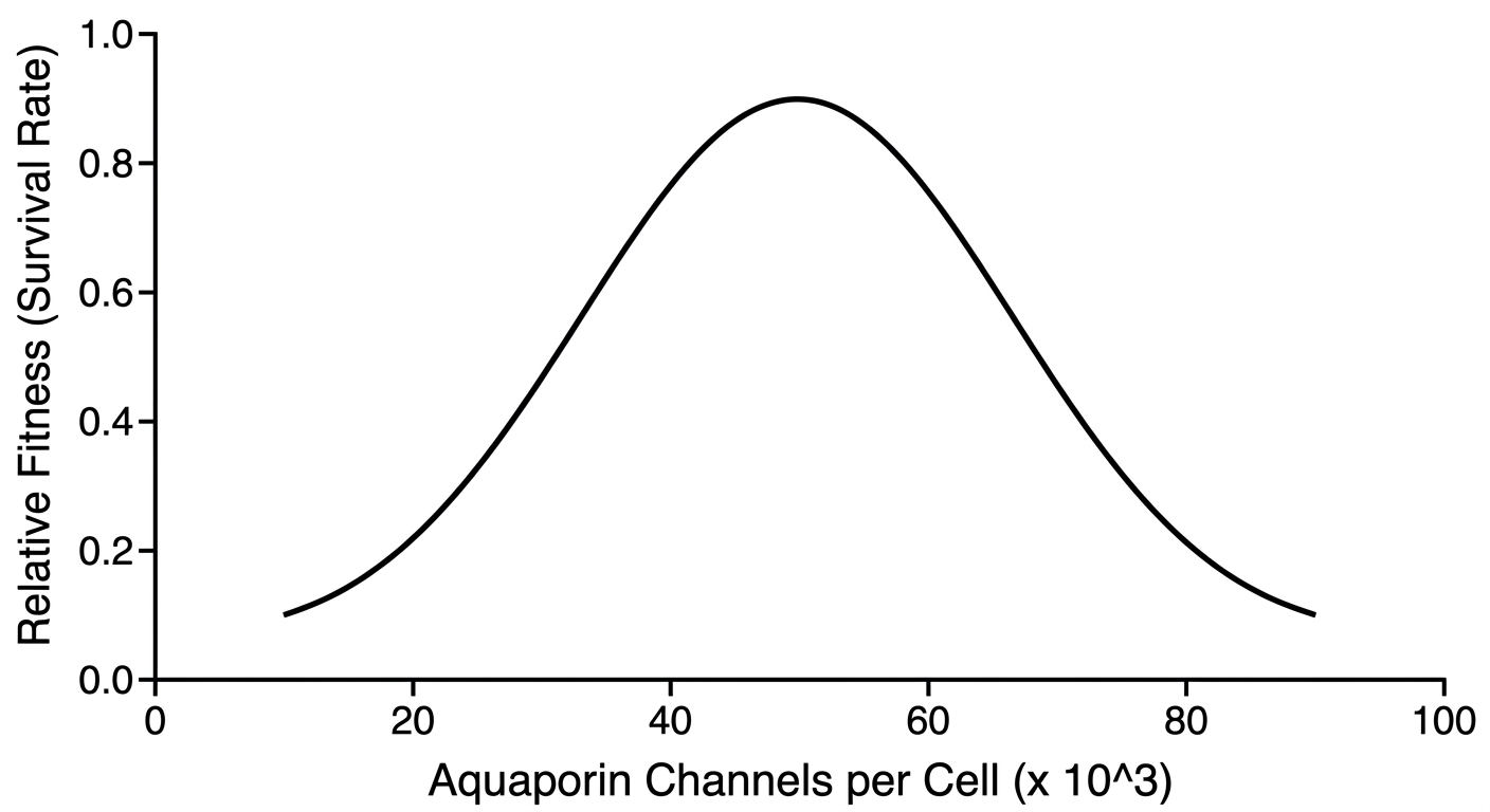 A bell-shaped curve showing relative fitness peaking at an intermediate number of aquaporin channels per cell and decreasing at both low and high extremes.