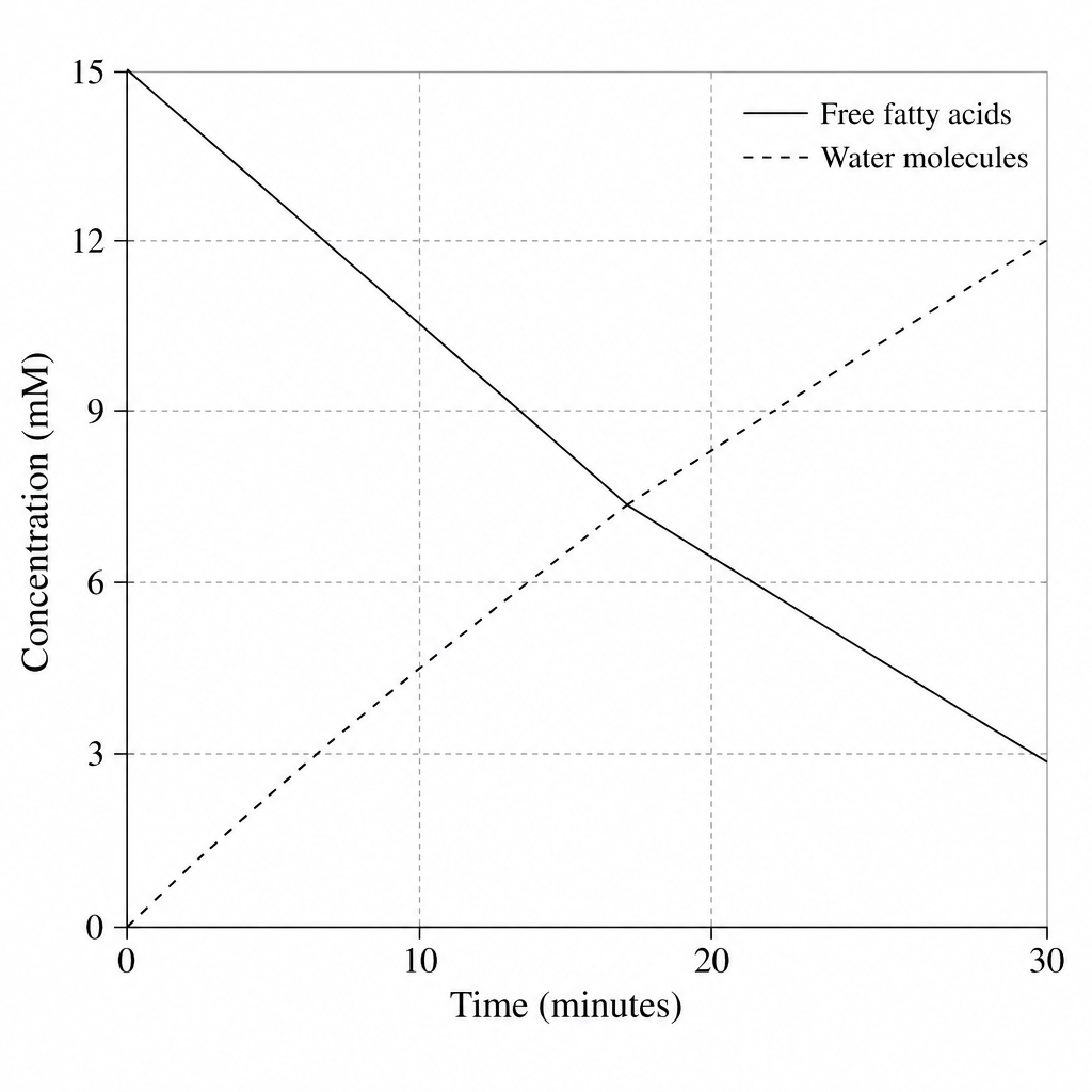 A line graph titled 'Triglyceride Synthesis in Adipose Cells' shows concentration versus time. The solid line for free fatty acids decreases from 15 mM at 0 minutes to 3 mM at 30 minutes, while the dashed line for water molecules increases from 0 mM to 12 mM over the same time period.