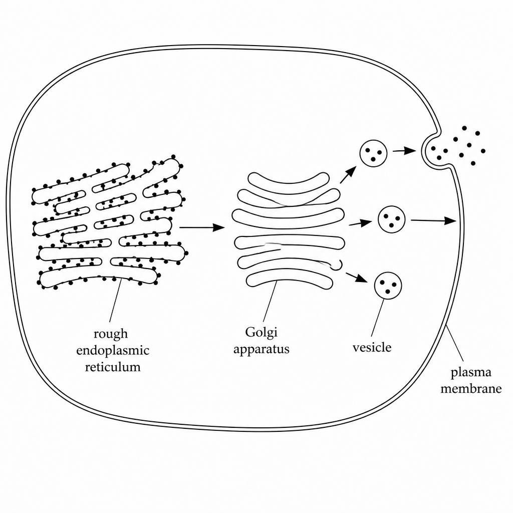 A black-and-white cell diagram shows arrows leading from rough endoplasmic reticulum with ribosomes, to the Golgi apparatus, to vesicles that fuse with the plasma membrane and release contents outside the cell.