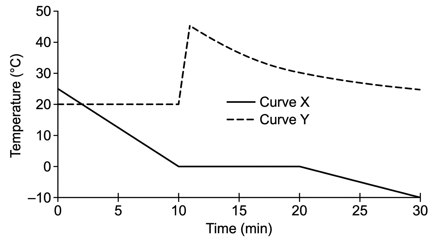 Line graph showing System X cooling and plateauing at 0 degrees, while System Y stays flat then spikes suddenly to 45 degrees at 10 minutes.