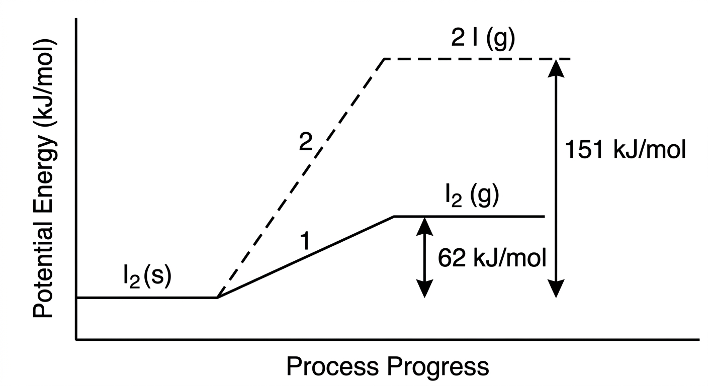 Energy diagram showing sublimation of I2 requires 62 kJ/mol, while breaking the I-I bond requires 151 kJ/mol.