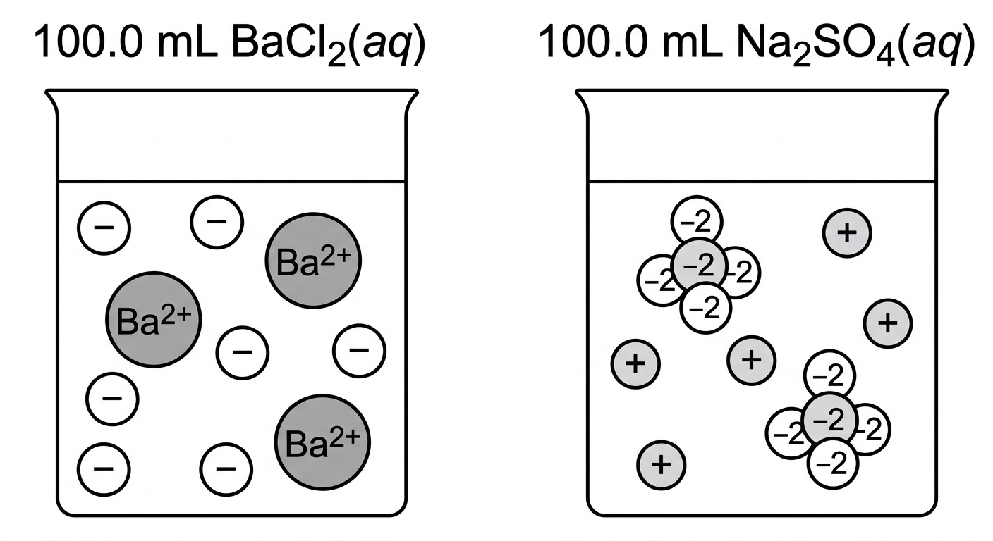 Two beakers with ions. Beaker 1 has 3 Barium and 6 Chloride ions. Beaker 2 has 4 Sodium and 2 Sulfate ions.