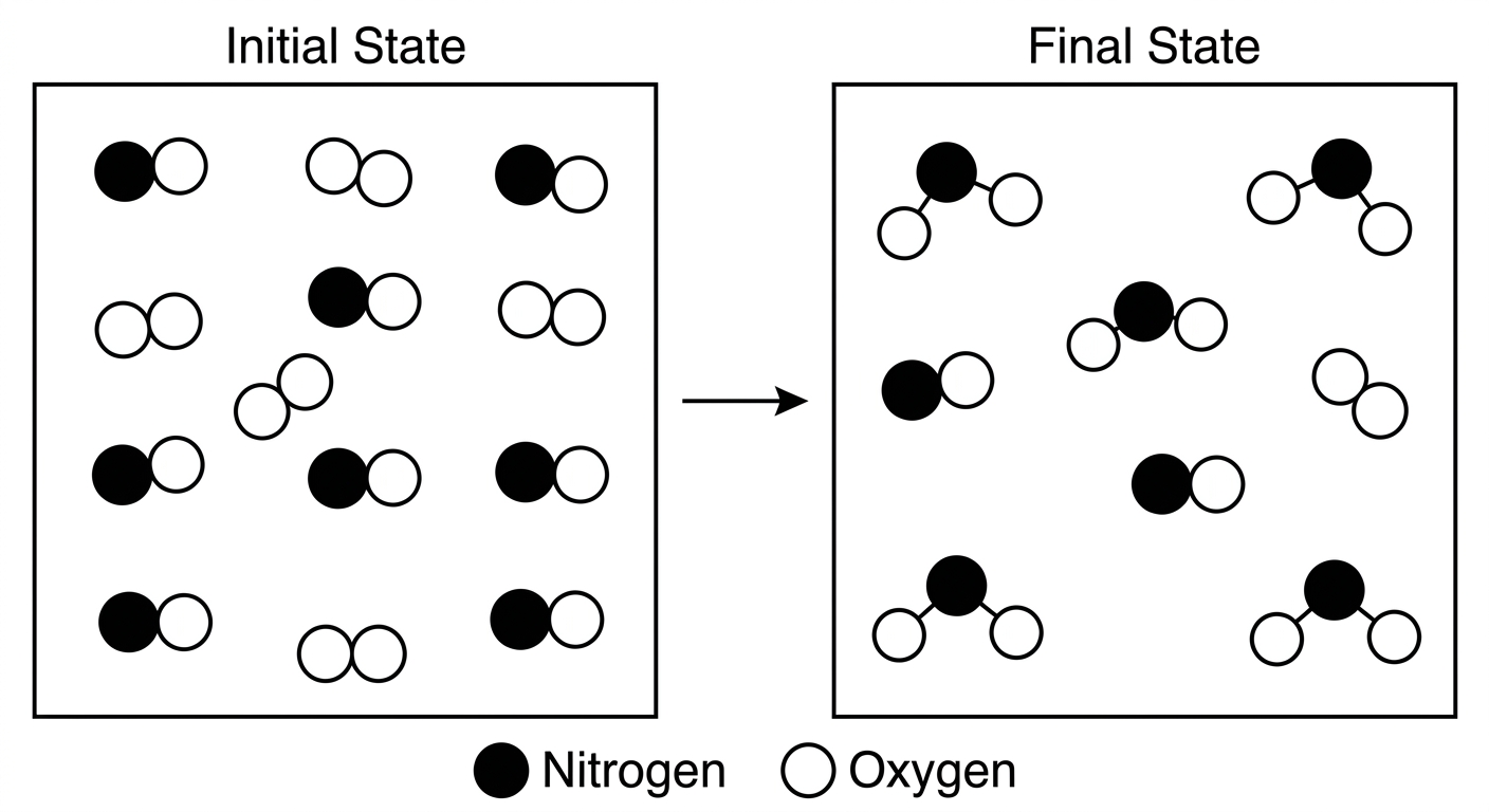 Particulate diagram showing an initial state of 6 NO and 4 O2 molecules, and a final state of 4 NO2, 2 NO, and 2 O2 molecules, indicating incomplete reaction.
