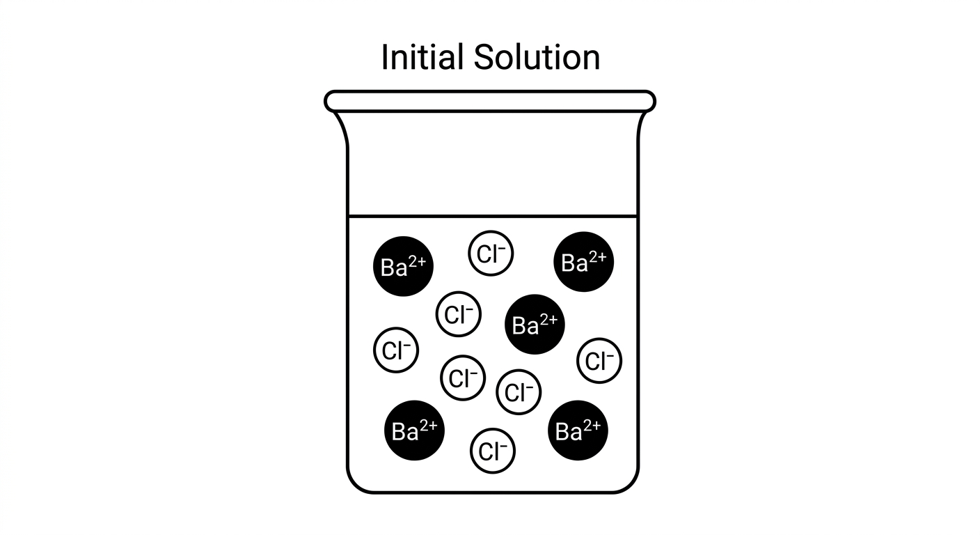 Particulate diagram showing 4 Ba2+ ions and 8 Cl- ions in a beaker.