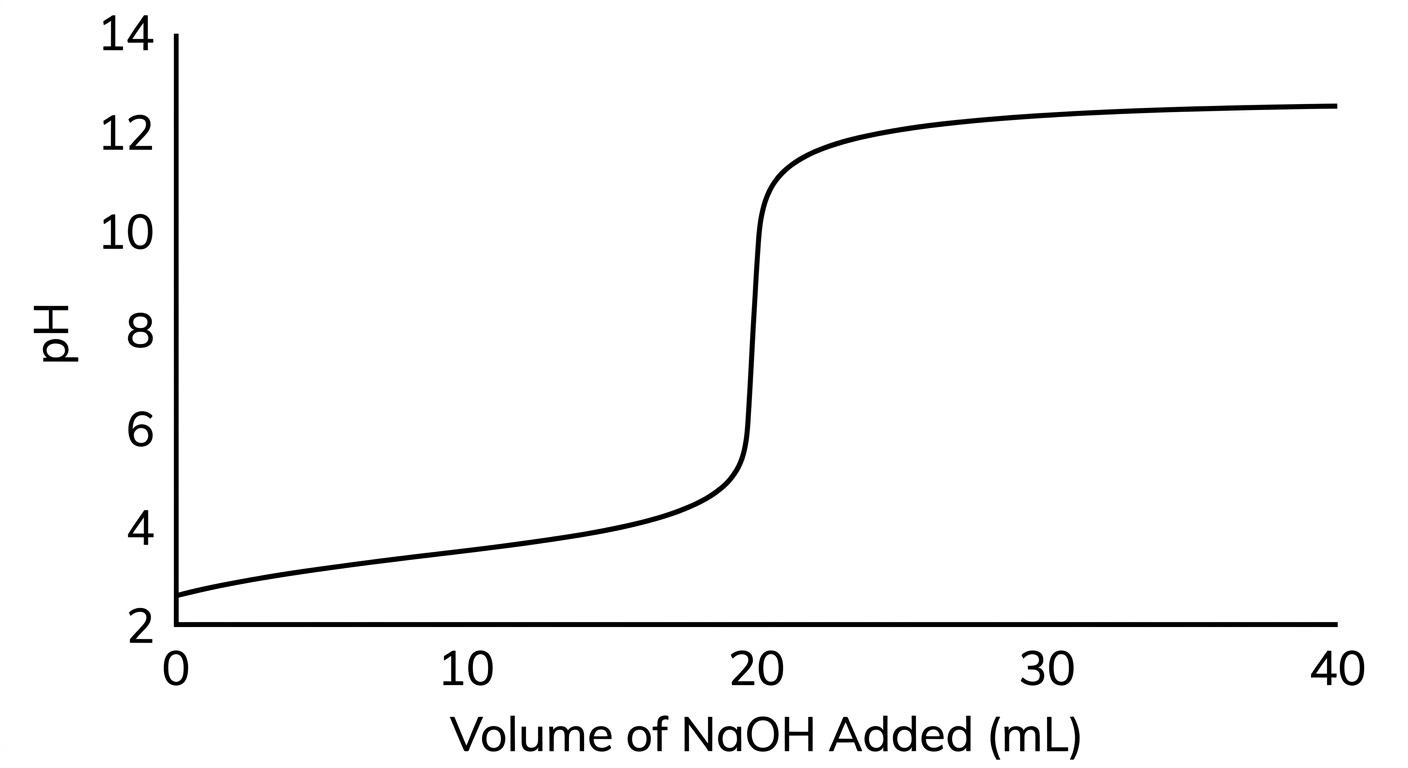 Titration curve graph showing pH starting low, jumping steeply at 20 mL of added NaOH, and leveling off at a high pH.