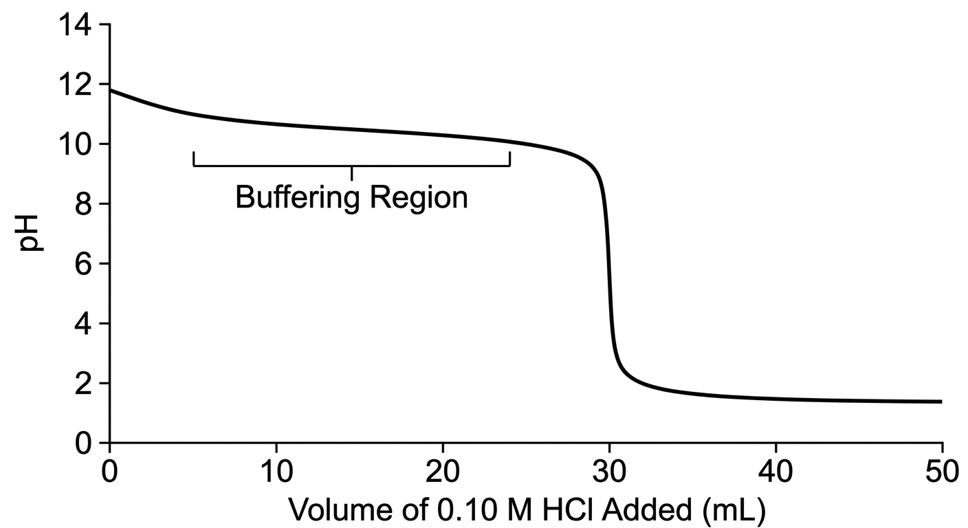 Titration curve starting at high pH, buffering around pH 10.5, and dropping steeply at 30 mL of added acid.