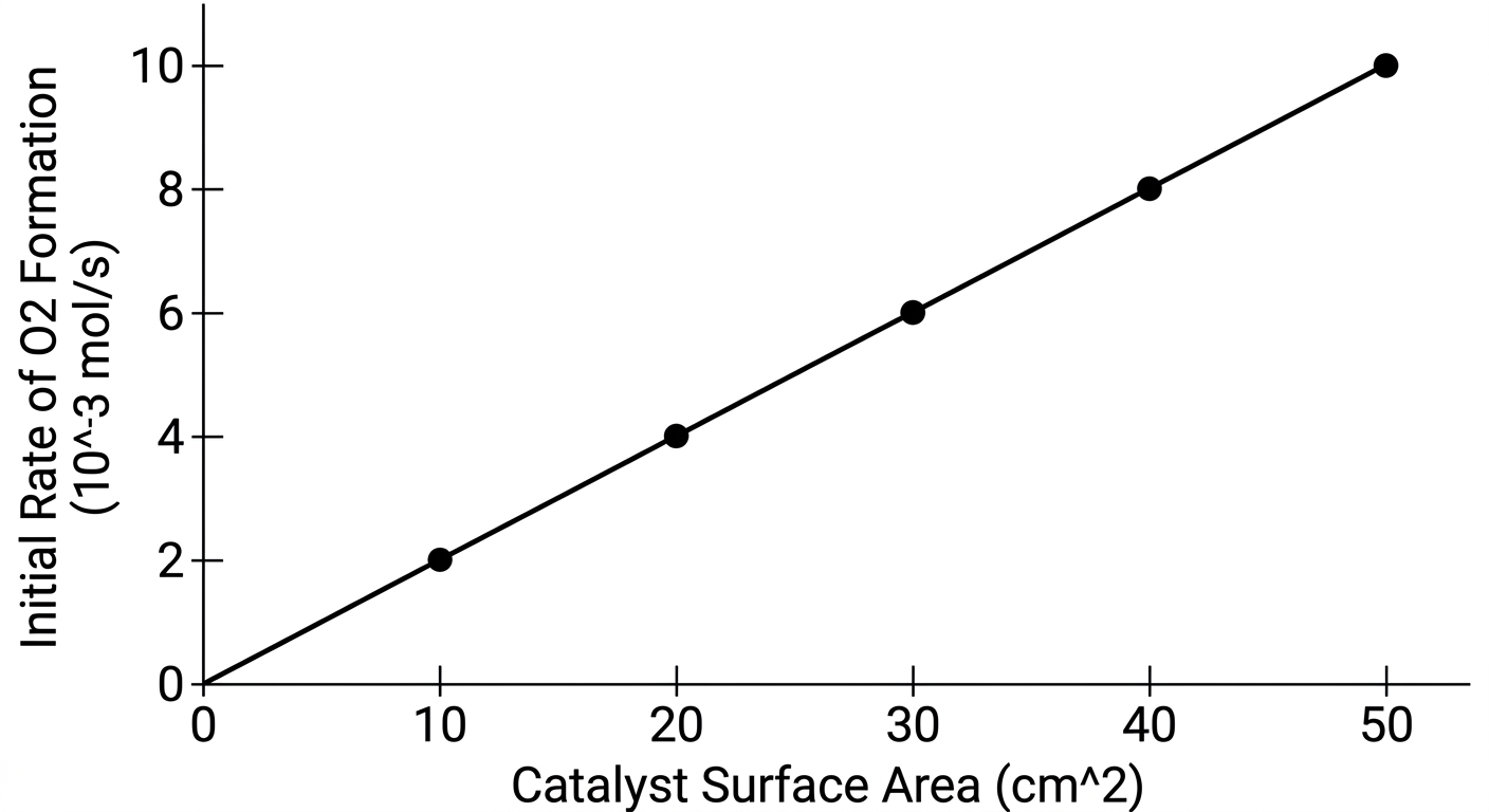 Scatter plot showing a direct linear relationship between catalyst surface area and the initial rate of oxygen gas formation.