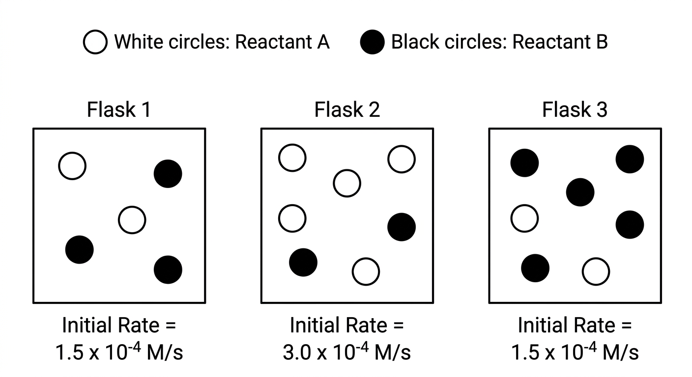 Particulate models of three flasks with varying numbers of reactant particles and their corresponding initial reaction rates.