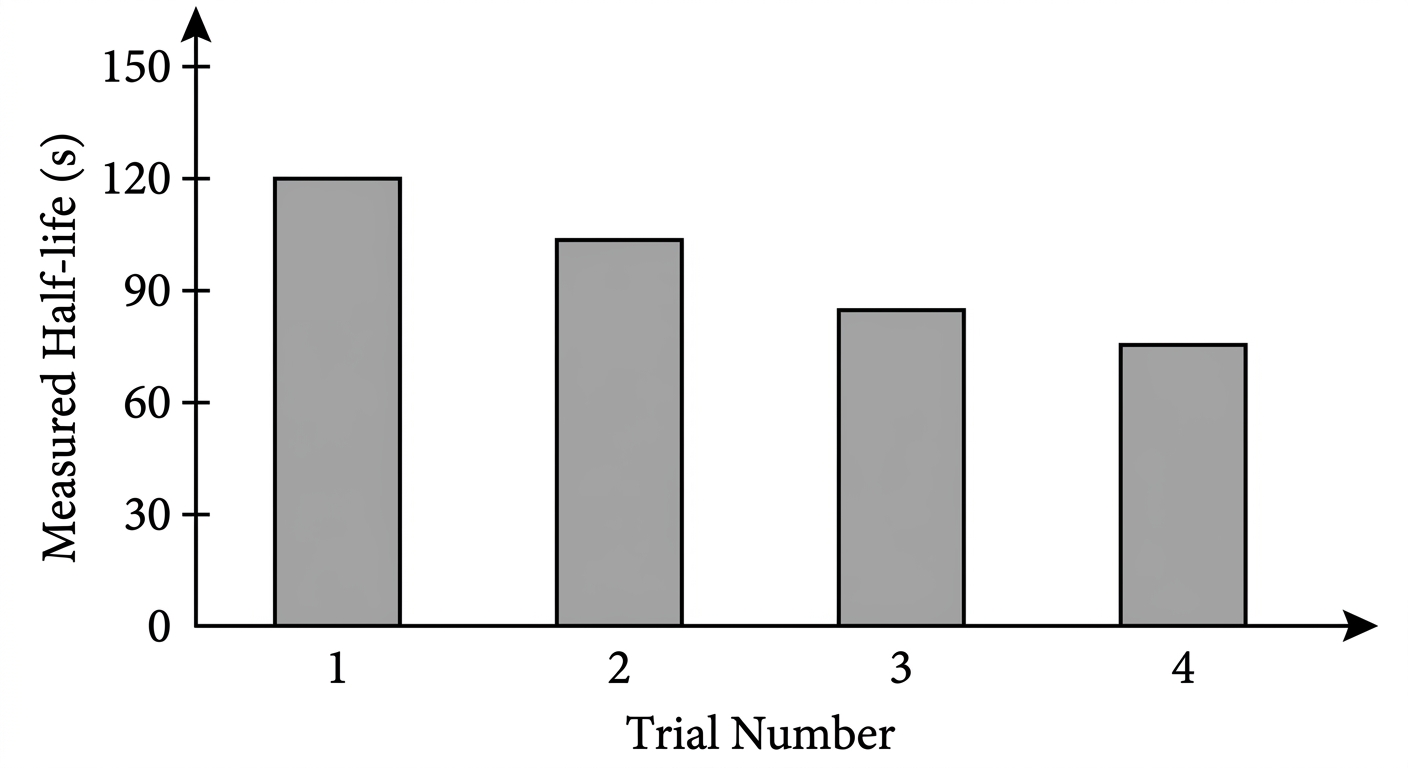 Bar chart showing measured half-life decreasing across four consecutive trials, from 120 seconds in trial 1 down to 75 seconds in trial 4.