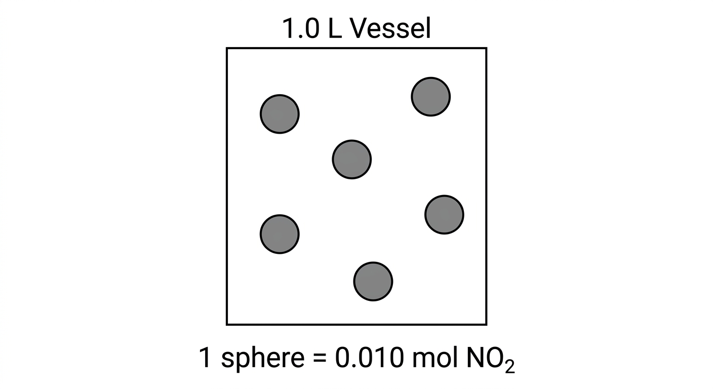 Particulate diagram showing 6 spheres in a 1.0 L vessel, with a legend stating each sphere represents 0.010 mol of NO2.
