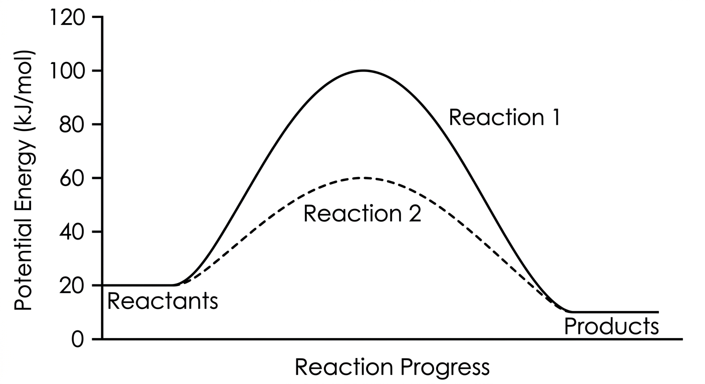 Potential energy diagram showing Reaction 1 with a peak at 100 kJ/mol and Reaction 2 with a peak at 60 kJ/mol, both starting at 20 kJ/mol.