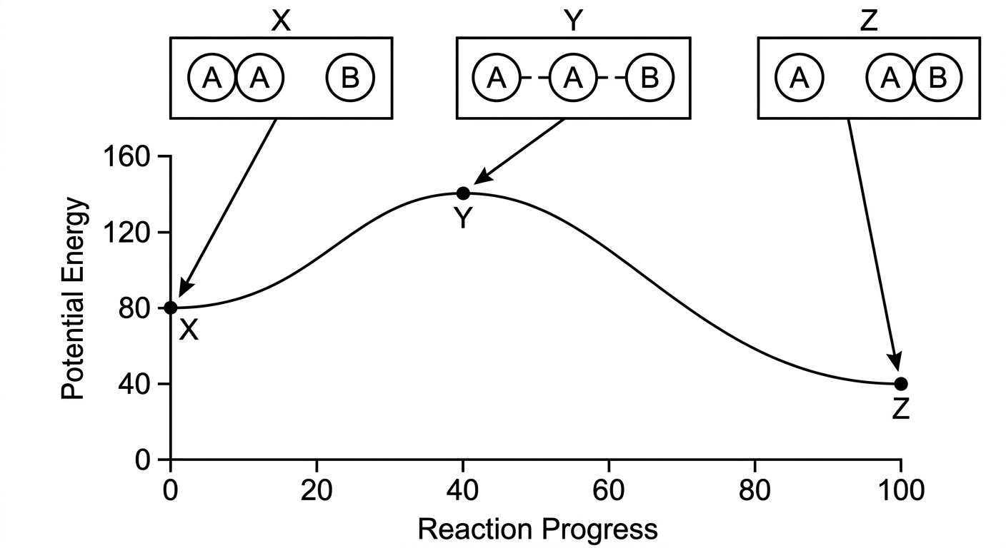 Energy profile with particulate models showing reactants at X, a partially bonded transition state at the peak Y, and products at Z.