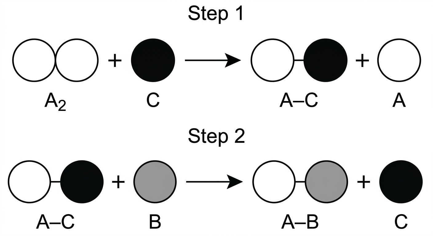 Particulate diagram of a two-step reaction mechanism showing species C reacting in step 1 and being regenerated in step 2.