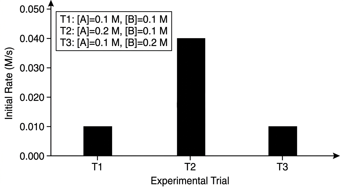Bar chart showing initial reaction rates for three trials, with Trial 2 showing a rate four times higher than Trial 1.